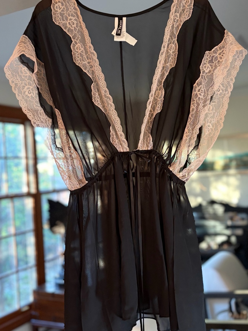 Adore Me Black Sheer Robe with Pink Lace Trim
